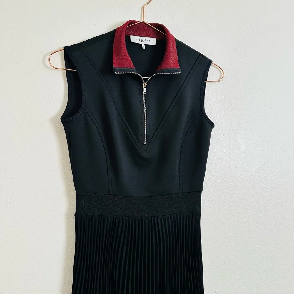 Sandro Black Sleeveless Half Zip Mock Collar Pleated Mini Dress - Picture 6 of 9
